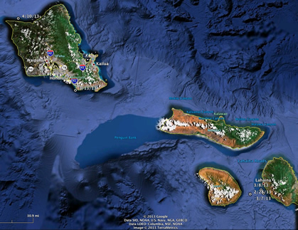 Location of Initial Confirmed Large Whale Entanglement Reports from Hawaiʻi Map