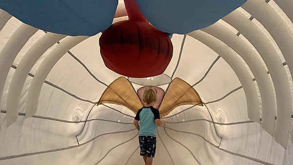 a child inside an inflatable humpback whale