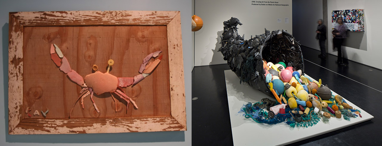 Crab made of marine debris (left). Cornucopia made of marine debris (right).